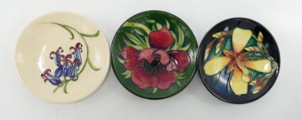 Three Moorcroft Coasters - Anemone Tribute, Panache & Bluebell designs. D12cm on all three.