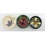 Three Moorcroft Coasters - Anemone Tribute, Panache & Bluebell designs. D12cm on all three.