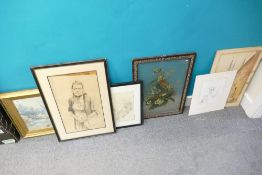 Group of six watercolours drawings & print: European scene Shison?, 2 x pencil drawings by Franco