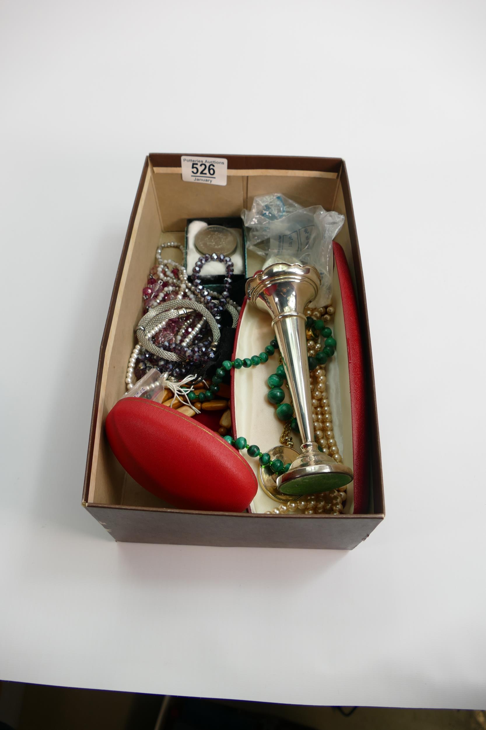 A collection of ladies costume jewellery: including hallmarked Silver vase, commemorative coins,