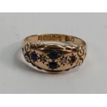 Victorian 9ct rose gold ring: set with blue & white stones, one blue stone missing, 1.7g.