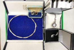 Silver necklace, 27.5g, two silver brooches: and ladies fob watch & chain. (4)
