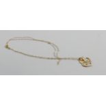 9ct gold necklace with un-marked yellow metal mum brooch: 1.2g.
