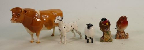 Damaged Beswick Items to include: Guernsey Bull, Dalmatian, Goldfinch, Robin, Lamb(5)