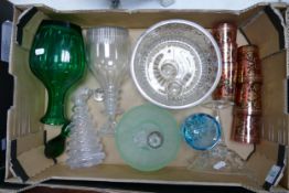 A mixed collection of glass ware to include: art glass decanters, gilt decorated tumblers , fruit