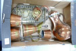 A collection of Copper & Brass items to include: Measures, Jugs, Enameled tray etc