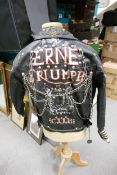 1960's Uniform Brand Black Leather Motorcycle Bikers Jacket: decorated with chains & badges, aero
