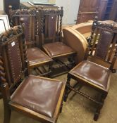 Set of 4 Victorian oak dining chairs: leather seat pads, carved crown detail.
