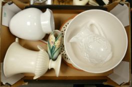A mixed collection of items to include: Wedgwood Creamware Urn, Embossed large Jug & Washbowl, Franz