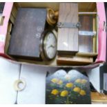 A collection of wooden boxes, candlesticks & clocks: