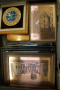 A collection of framed prints, framed metal etchings etc (1 tray).