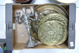 A mixed collection of items to include Candelabra & Brass Plaques: