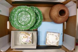 A mixed collection of items to include: Wedgwood Princess Anne mug, Cabbage Ware plates, Mottled