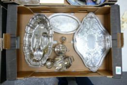 A collection of silver plated items to include: trays, condiment set, cutlery etc