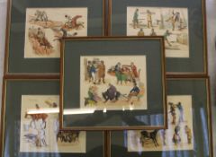 Five framed vintage comical prints: hunting scenes etc (5).