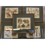 Five framed vintage comical prints: hunting scenes etc (5).