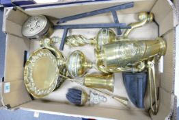 A collection of Brass items to include: Polished Japanese Bronze vase, Fire side sets, platters etc