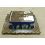 Wedgwood Dip Blue Jasperware Butter Dish with Silver plated fittings: length of tray 20cm