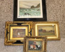 An early 20th Century framed and glazed watercolour: together with 2 small oil on board and a