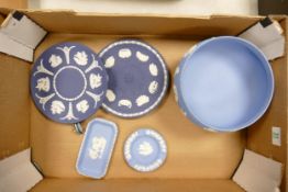 A collection of Wedgwood Jasperware including: large footed bowl, pin trays, dark blue cabinet