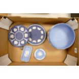 A collection of Wedgwood Jasperware including: large footed bowl, pin trays, dark blue cabinet