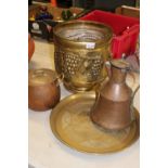 Collection of brass and copper ware: circular brass tray with Oriental scene, large brass