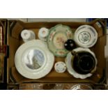 A mixed collection of items to include: Spode Candlesticks, Gibson earthenware teapot, commemorative