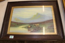 Framed Victorian Watercolor of Highland Cattle: 45 x 60cm