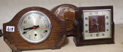 Three Oak Cased Mantle Clocks: