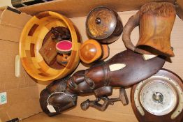 A mixed collection of items to include: treen, African tribal bust, mid century wooden fruit bowl