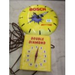 Bosch & Double Diamond Advertising Wall Clocks: largest 30cm(2)