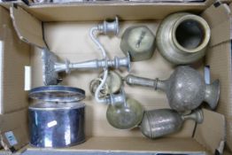 A mixed collection of metal ware items to include: silver plated oval box, candlestick, oriental