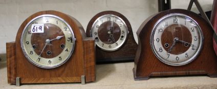 Three Deco Oak Cased Mantle Clocks: