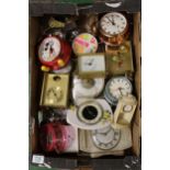 A collection of vintage mantle clocks and alarm clocks: (1 tray).