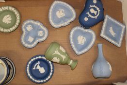 A collection of Wedgwood jasper ware items: bud vases, pin dishes, trinket box etc (1 tray).