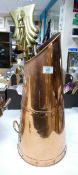 Victorian Heavy Copper Fire Scuttle & Brass Fire Side Set: height 56cm