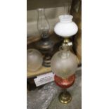 Three Large Oil Lamps & Shades: