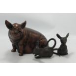 Two Ornamental Cast Metal Mice: together with Bronzed Resin Pig Figure, height of Pig 14cm