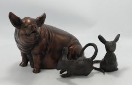 Two Ornamental Cast Metal Mice: together with Bronzed Resin Pig Figure, height of Pig 14cm