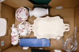 A mixed collection of items to include: creamware platter, Royale Stratford tea ware, Aynsley vase
