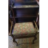 Small mid century dark oak bookcase (62cm w): together with an early 20th century piano stool,