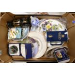 A mixed collection of items to include: Caithness boxed glass paperweight, tubelined tiles, Dewars
