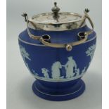 Wedgwood Dip Blue Biscuit Barrel: silver plated rim, height 17cm