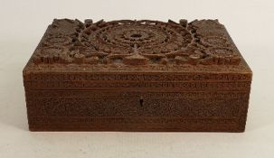 Anglo Indian carved Camphor wood jewellery box: Length 25cm, width 17cm and height 8cm.