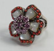 Silver ladies dress ring :set with various coloured stones, size O/P, 15.2g.