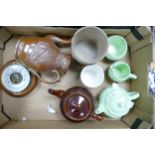 A mixed collection of items to include: Embossed earthenware jug, Barometer, early Demerara Sugar