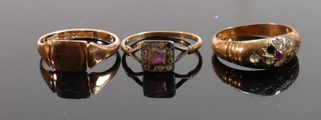 Three 9ct gold rings: one 9ct & silver, 5.5g. (3)