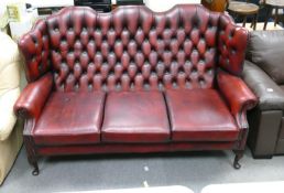 Oxblood Red Leather Chesterfield Wingback 3 Seater Settee: