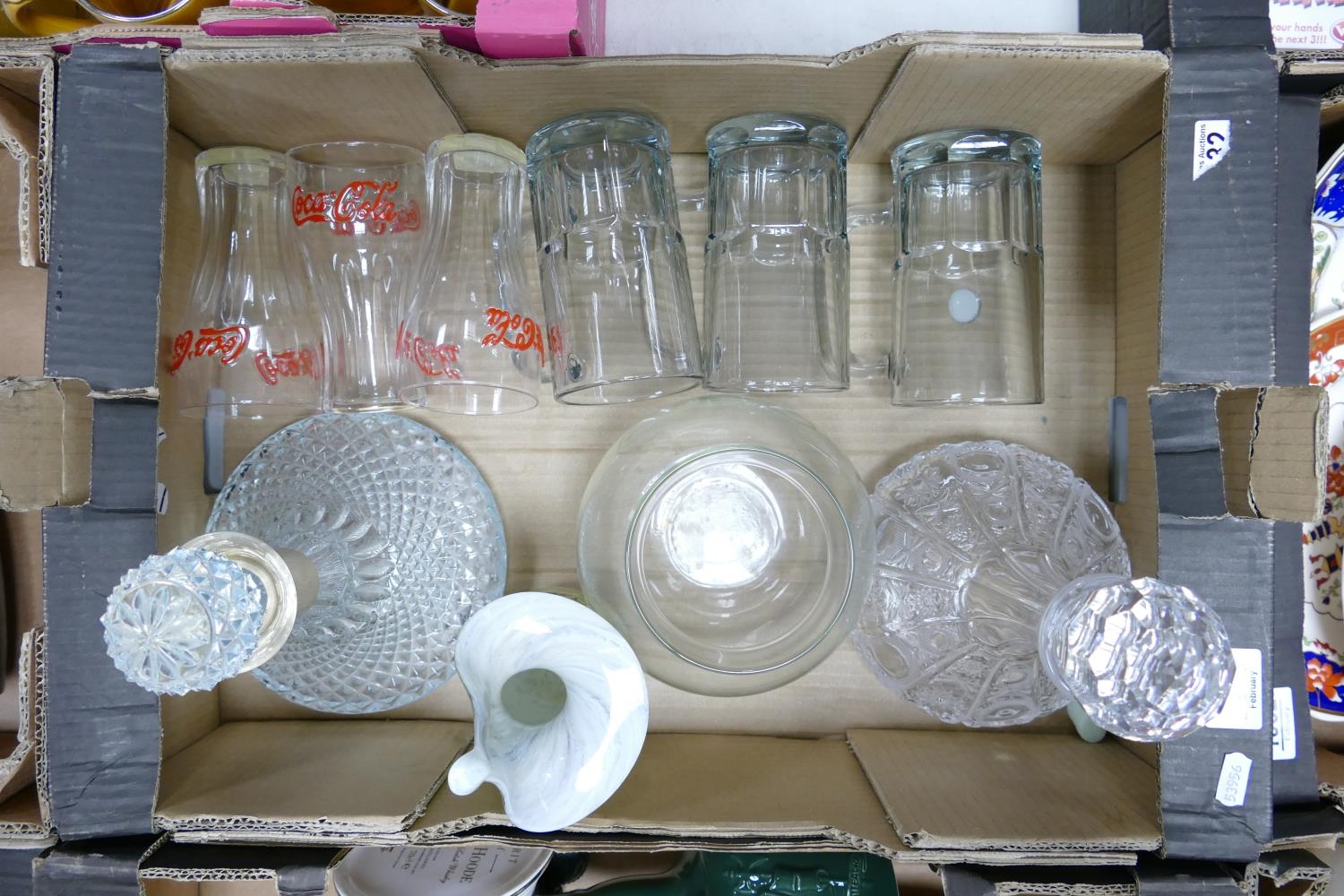 A mixed collection of items to include: glass decanters, Coca-cola items etc