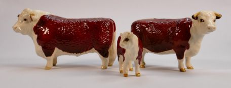 Beswick Hereford family: comprising Bull 1363A, Cow 1360 and Calf 1827C (3)